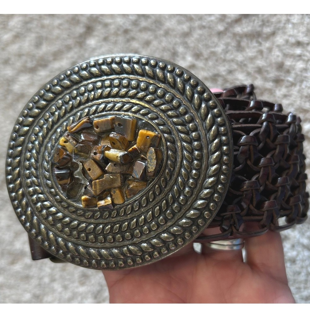 Woven Boho Hippie Brown‎ Leather Belt Tigers Eye Stone Buckle Boho Western Small